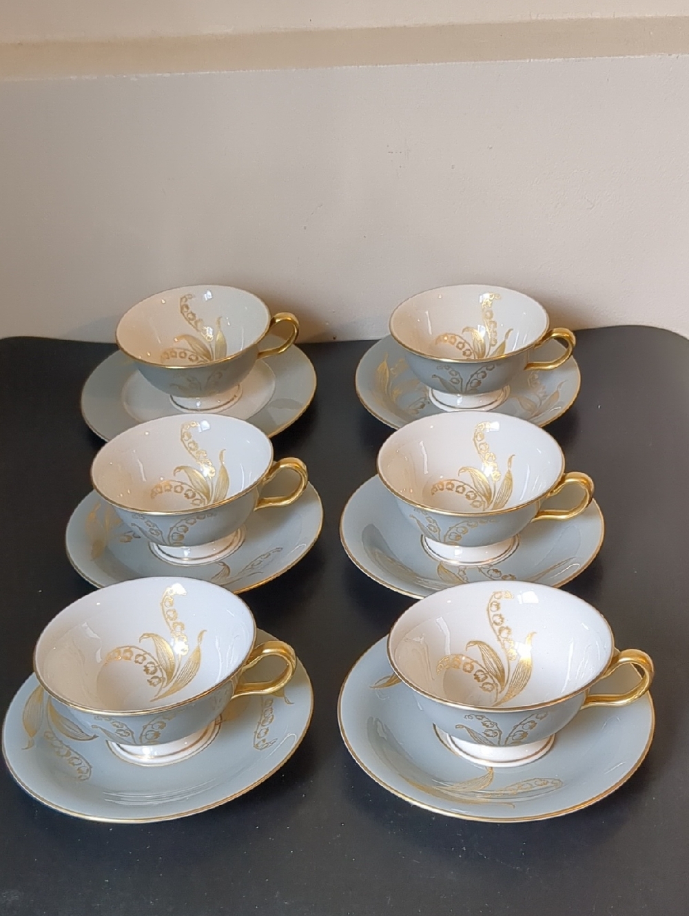 6PC Set Castleton Valmere China Lily of the Valley Print Footed Tea Cup & Saucer